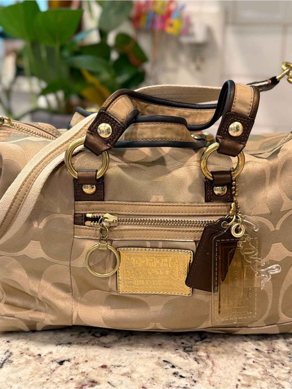 Coach Beige Signature y2kCanvas Travel Satchel with Brown Trim and Gold Hardware